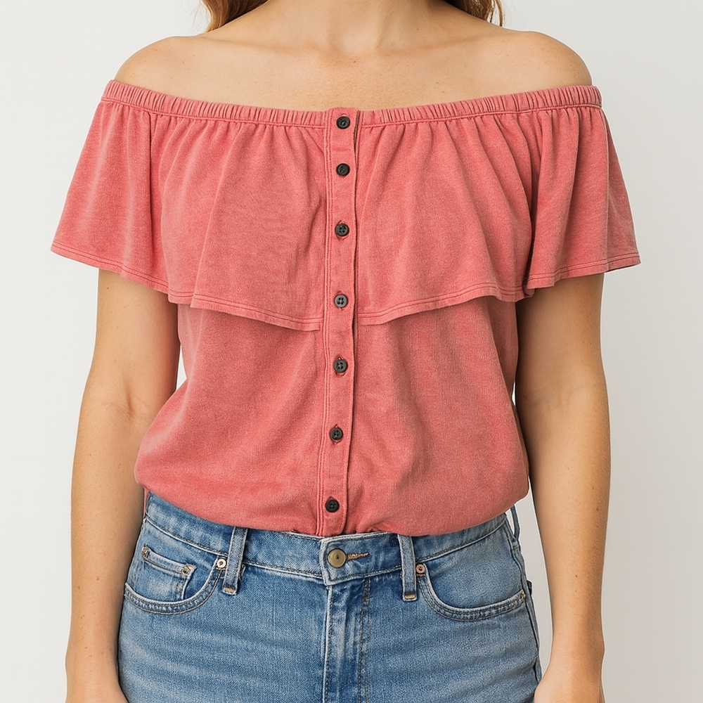 We The Free Off Shoulder Linen Blend Ruffle Hem Blouse Womens Coral Medium NWT